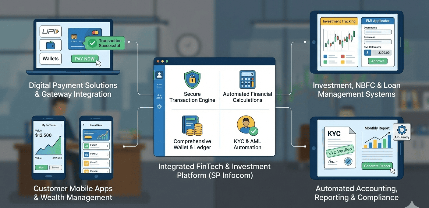 Custom software solutions for fintech industry including payments, banking, and investment platforms