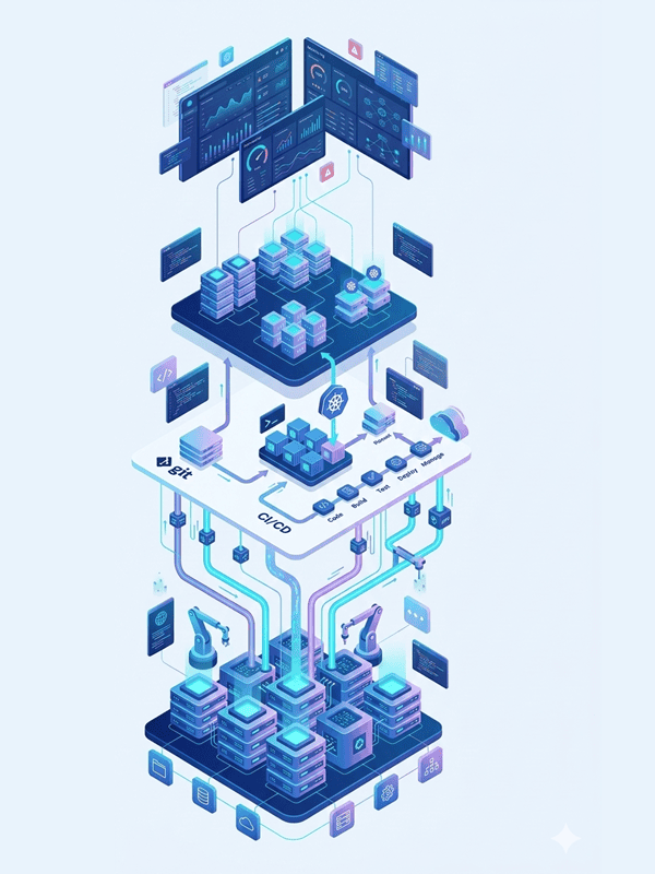 Illustration of Cloud & DevOps process with automation and monitoring