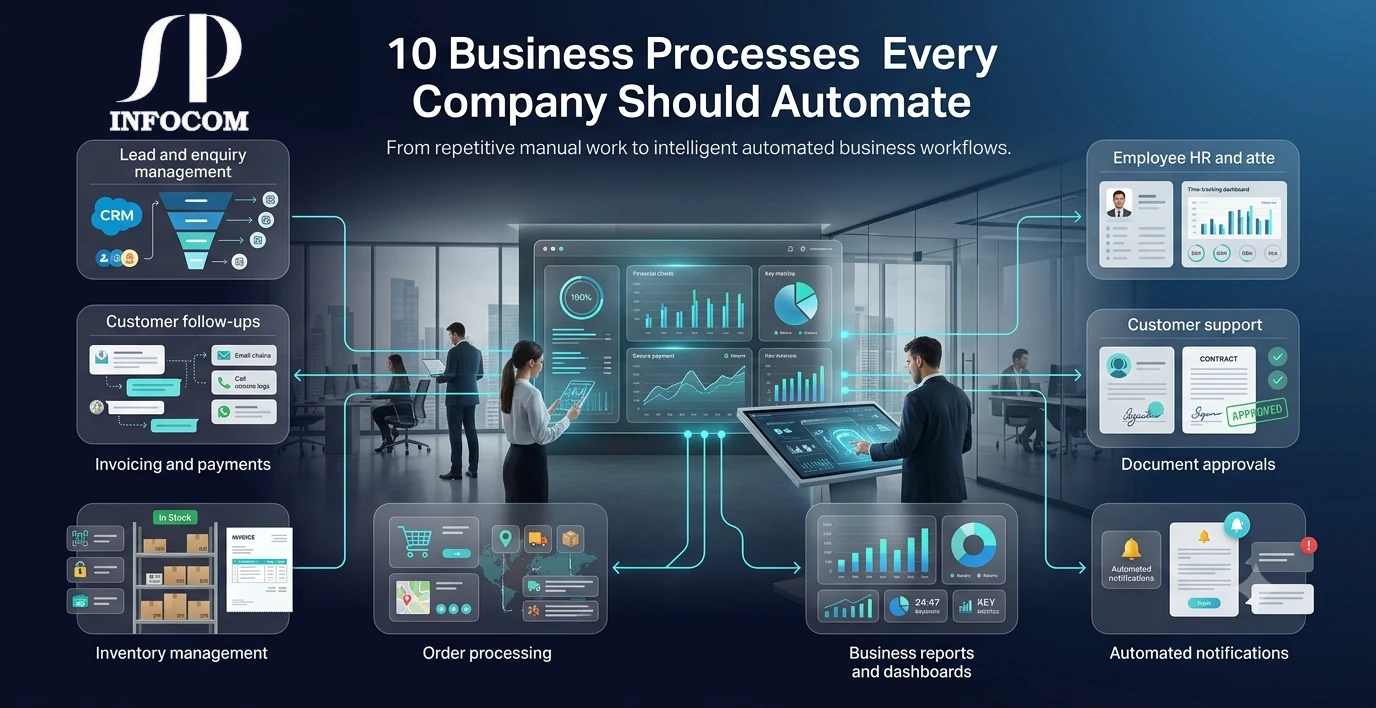 Business process automation showing lead management, payments, inventory, HR, customer support, reporting and automated workflows by SP Infocom