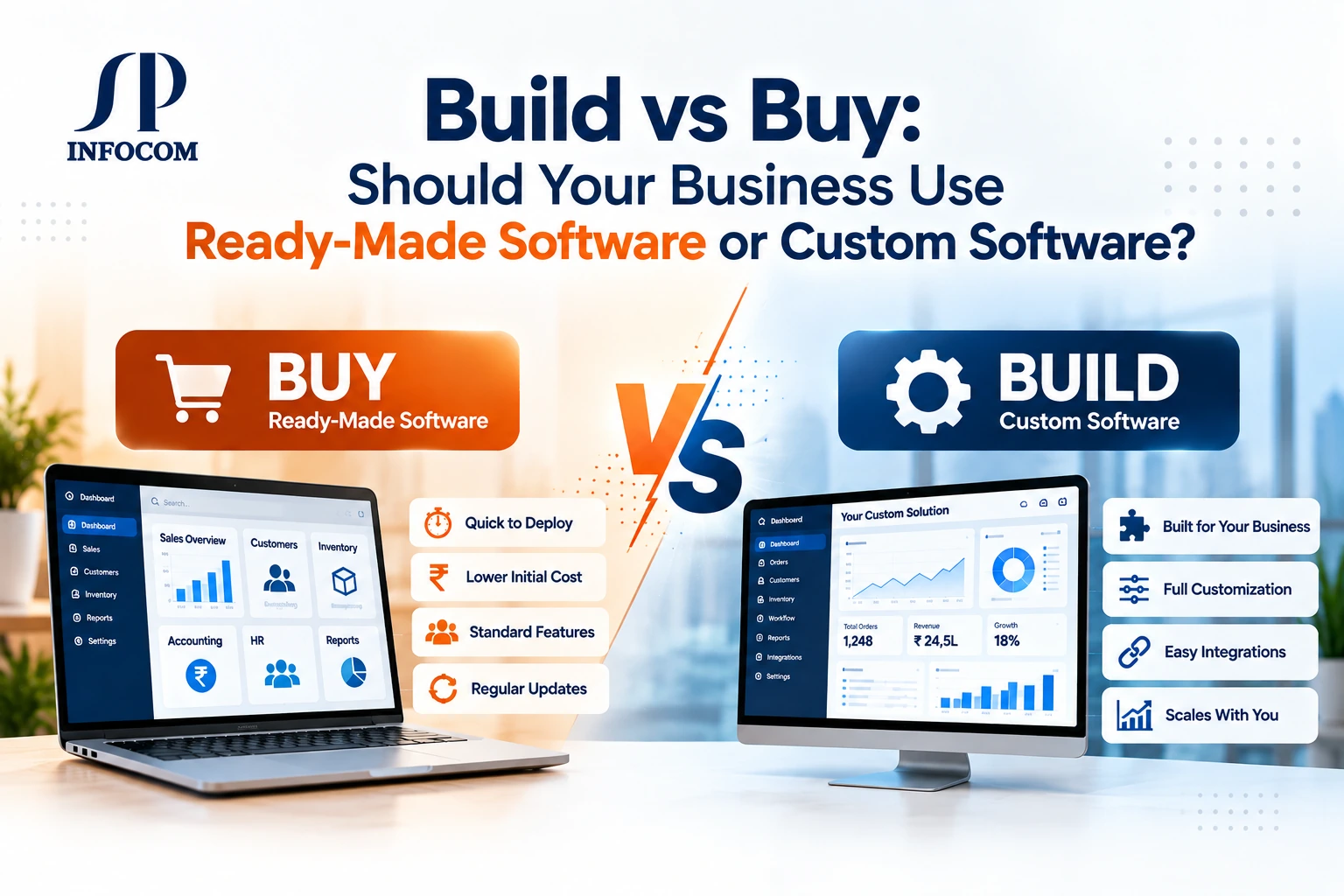 Build vs buy software comparison between ready-made and custom software for businesses by SP Infocom