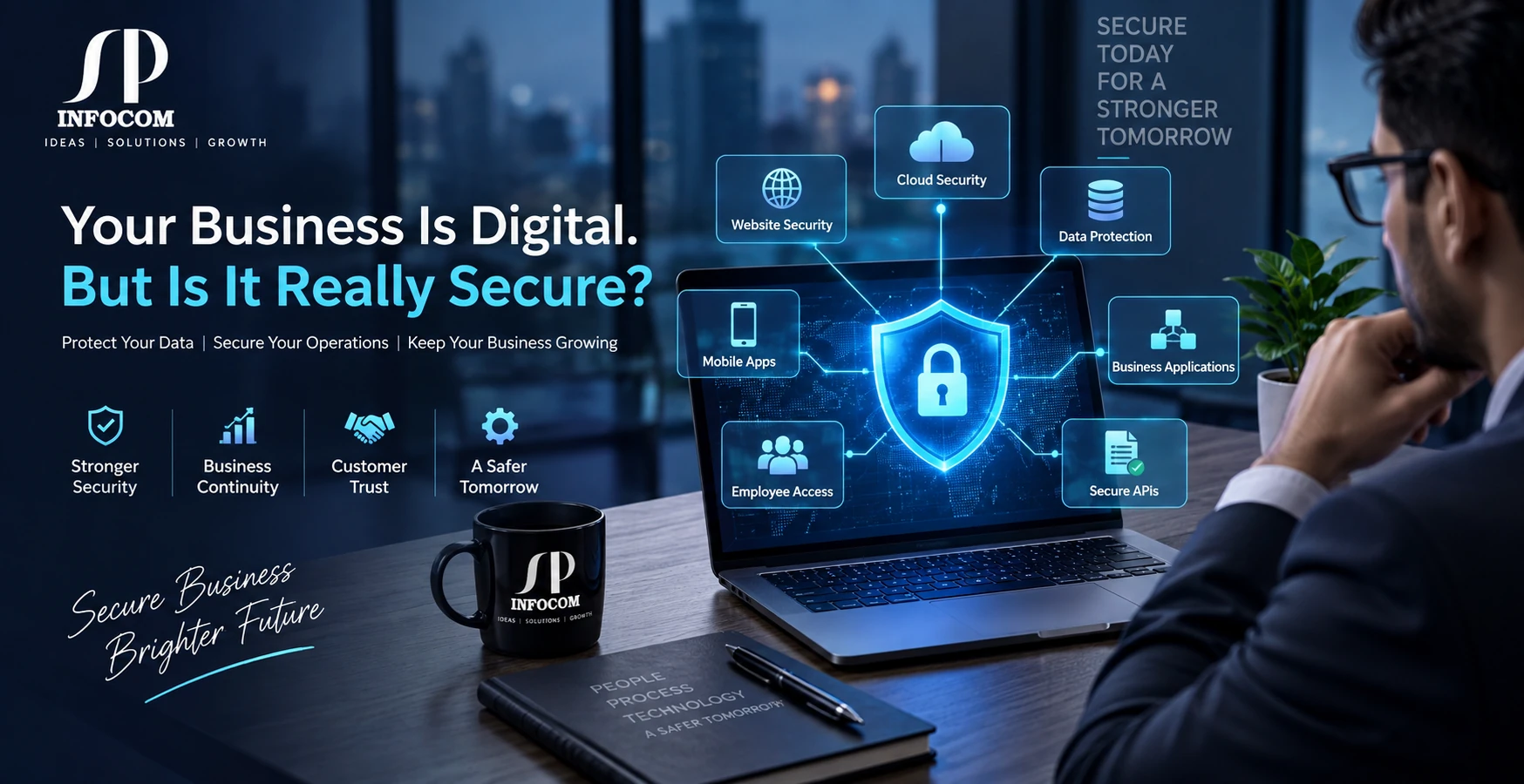 Your Business Is Digital. But Is It Really Secure? | SP Infocom Cybersecurity illustration showing data protection, secure cloud systems, business applications, networks and digital security by SP Infocom